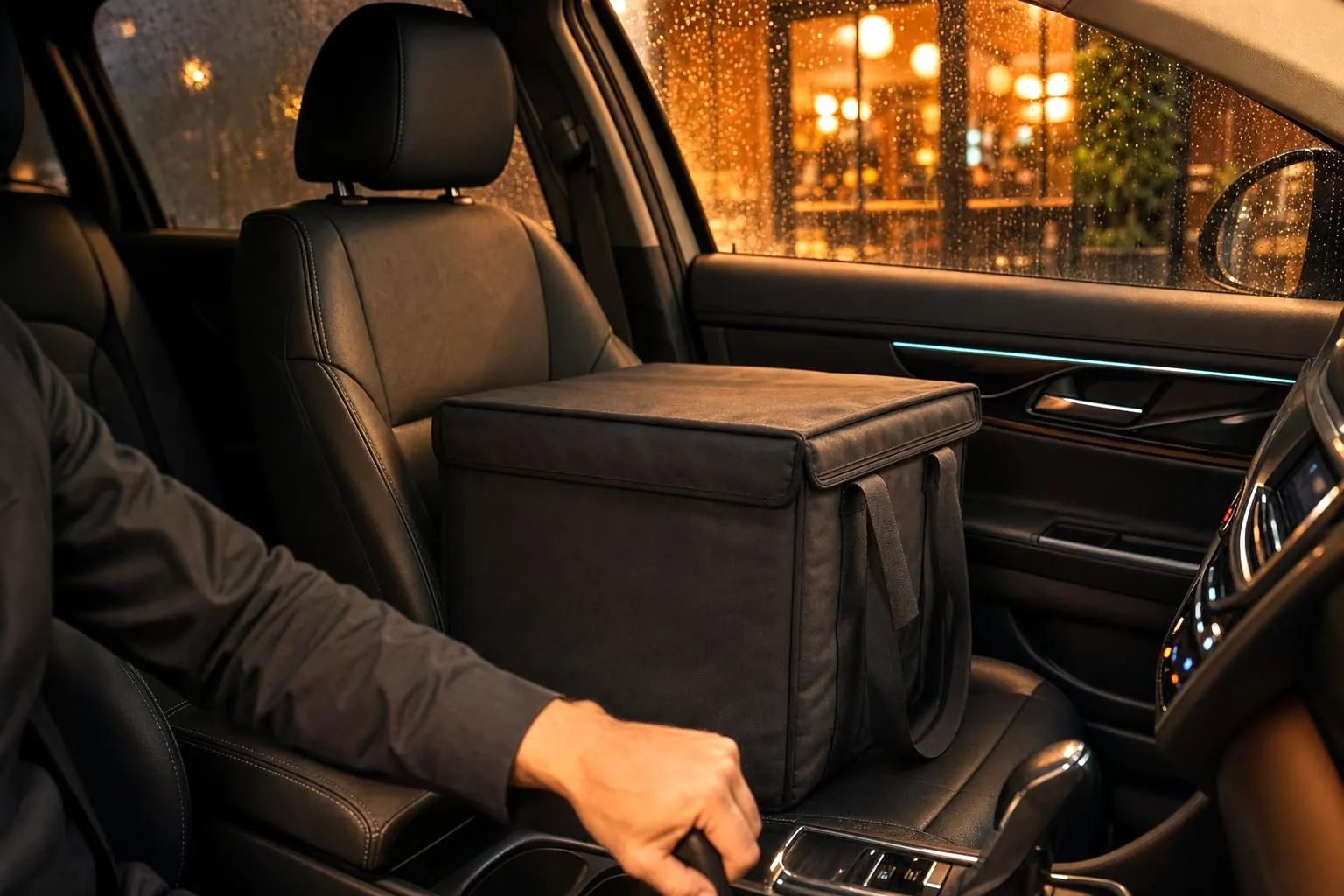 A plain insulated delivery bag on the passenger seat of a car, a lit restaurant window glowing through the rain