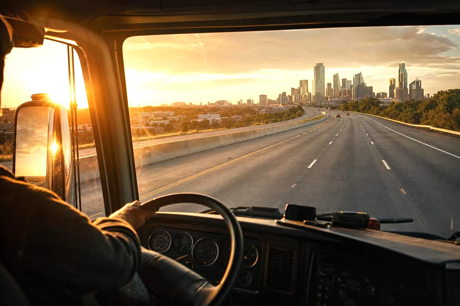 A highway at golden hour seen from a truck cab, sun flaring and a city skyline ahead
