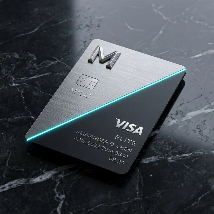 Brushed titanium Milli Visa Elite card with cyan edge glow on dark marble
