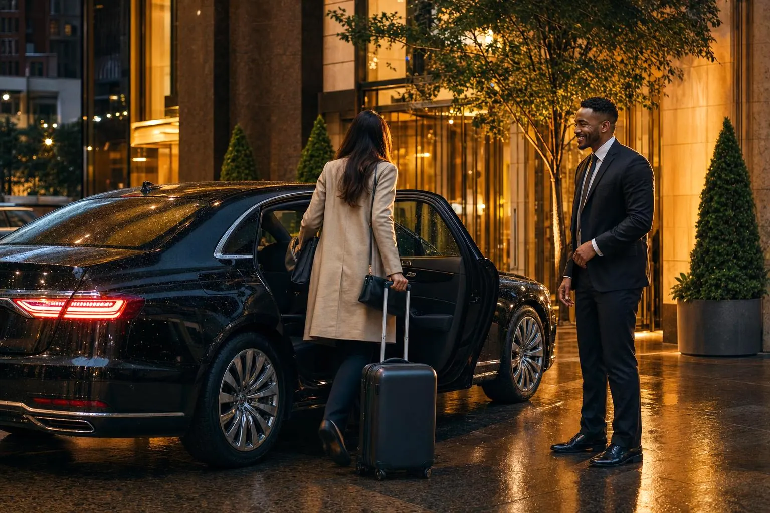 A rideshare pickup at a hotel curb at dusk, the driver beside a black sedan as a passenger steps in with a carry-on