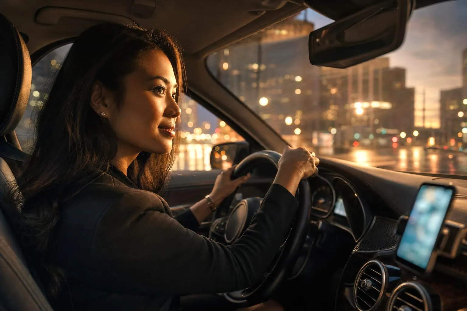 A rideshare driver at the wheel at dusk, a phone glowing softly in a dash mount, city lights outside