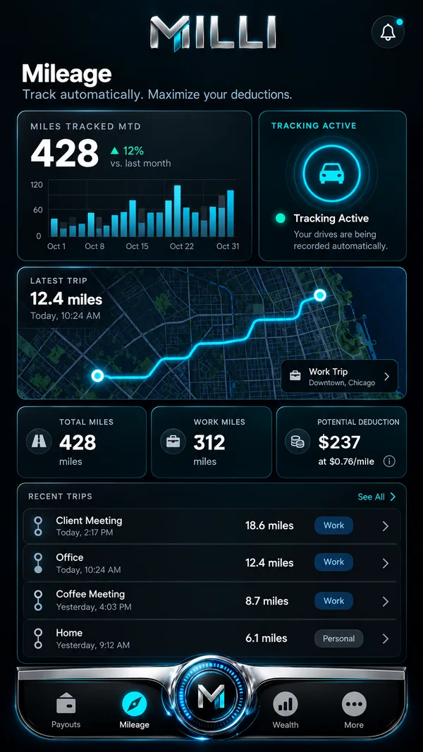 Milli app Mileage screen: a map of a logged trip, trip details and a potential deduction estimate, with demo data