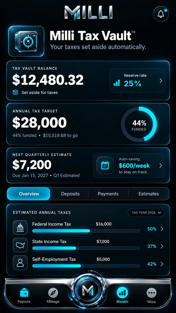 Milli app Tax Vault screen under the Wealth tab, with a demo balance and reserves