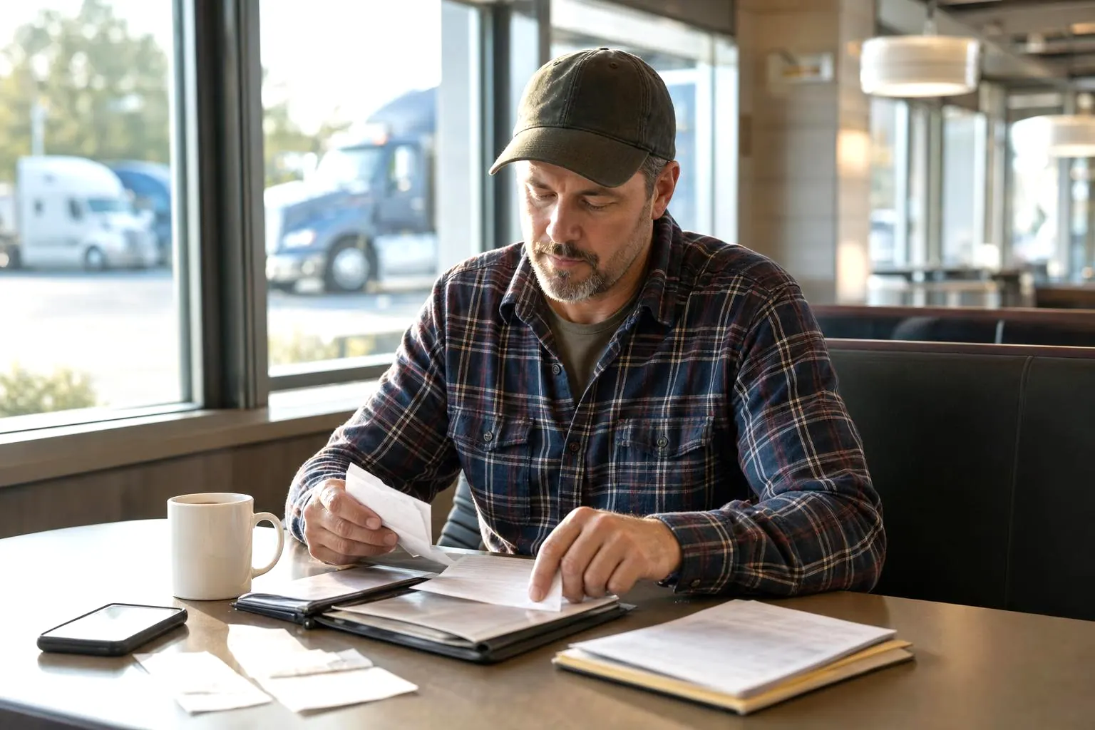 An owner-operator organizing receipts and paperwork at a bright truck stop diner table with coffee and a phone