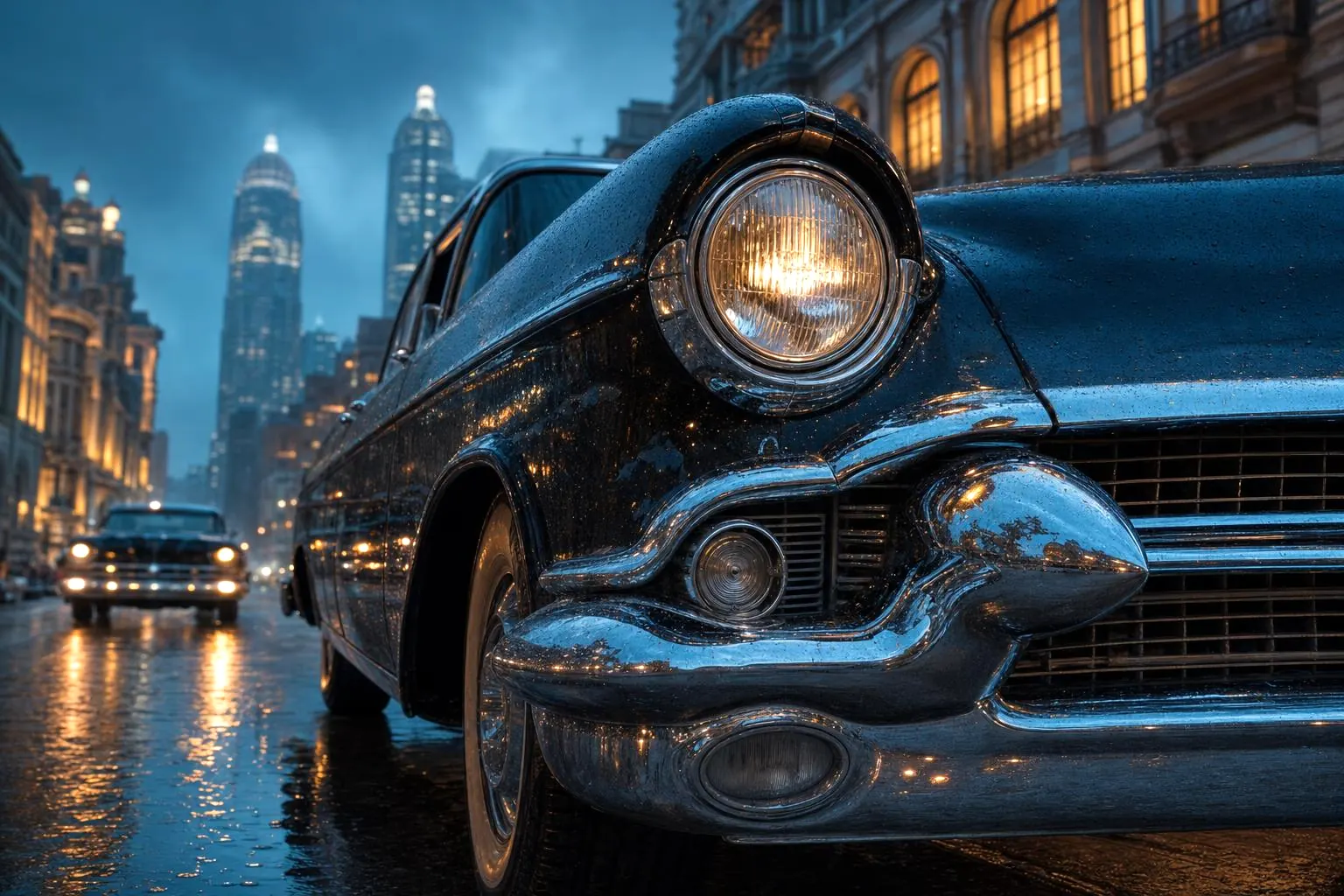 The chrome headlight and grille of a classic 1950s car on a rain-wet city street at dusk